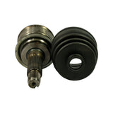 Side profile of CV joint (stub shaft pointing down) alongside flat-flanged rubber boot. Shows splined stub shaft with metric thread and centre pin hole at tip. Joint body displays two-piece outer housing with stepped flange. Surface has light age oxidation on housing outer diameter.