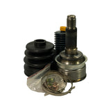 Full kit with box removed: CV joint assembly, large accordion rubber boot, wire/worm boot clamp set in clear polybag, castellated hub nut also in polybag. Outer CV joint with stub shaft up, yellow protective cap on thread tip visible. All hardware in sealed bag.