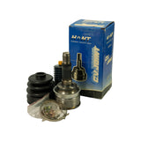 Kit components laid in front of HONT blue box, three-quarter view. Box spine shows ISO9001 marking and 'HNT CONSTANT VELOCITY JOINT'. Kit includes CV joint assembly (stub shaft with yellow thread protector cap), large rubber boot, and hardware polybag containing clamps and nut.