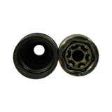 Top-down view of two items: left is the interior of the rubber boot (large circular bore); right is the open face of the CV joint housing showing Rzeppa 6-ball cage and inner race. Inner splines of inner race visible. Factory grease absent in this shot — clean cage visible.