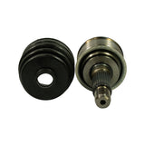 Side-by-side: rubber boot (flange face toward camera, 3-convolute accordion body) and CV joint assembly positioned with stub shaft pointing down and threaded tip visible. Shows splined stub shaft profile clearly. Housing has polished outer race with light shelf-age discolouration.