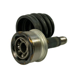 Front-face close-up of CV joint housing with boot partially on stub shaft behind. Rzeppa inner race, 6-ball cage, and outer race groove detail clearly visible. Inner race spline bore visible at centre. No brand stamp or part number visible on metal components.