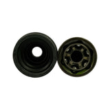 Top-down view of two components: inner face of CV boot (left) showing ribbed rubber construction and central bore; CV joint ball housing (right) showing six-ball cage assembly with internal splines visible from above, green grease coating.