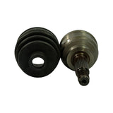 Side view of CV joint and boot. Machined steel outer housing with stepped profile. Stub shaft with fine external splines and threaded end visible below joint. Boot beside it showing thick rubber bellows and inner bore detail.