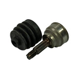CV joint and boot at an angle. Machined outer housing shows engraved 'MZ-001' part number on circumference. Stub shaft splines and threaded tip clearly visible. Boot shows three-lobe ribbed rubber bellows.