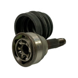 Close-up of CV joint from ball-cage end, boot behind. Six steel balls in cage with splined inner race clearly visible. Engraved 'MZ-001' on outer housing at mid-band. Stub shaft with metric thread and castellated tip visible at right.