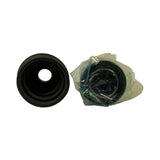 Top-down view of CV boot (left) showing open large-diameter end with spring circlip ring, and bagged CV joint housing (right) showing large-diameter outer race face from above.