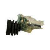 Side profile of assembled kit: rubber boot with four bellows ribs at left, bagged Rzeppa outer CV joint at right showing splined stub shaft stub end and outer race flange.