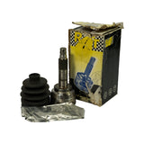 Part displayed in front of open box — RT branded black and yellow box with checkered flag motif and CV joint illustration; text reads 'constant velocity joint'; boot, joint, and grease sachet all visible.