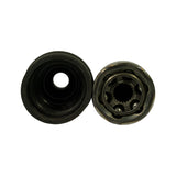 End-on view of both components: boot opening (left) showing inner collar and seal lip; outer CV joint housing face (right) revealing six ball-race tracks and internal splined hub — confirms Rzeppa-type construction.