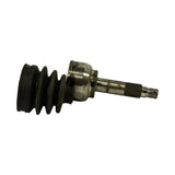 Side profile of assembled unit with boot fitted to joint housing, showing full length of splined stub shaft with threaded axle-nut end; surface has light oxidation and age marks consistent with NOS shelf storage.