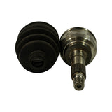 Top-down view of joint (right) showing domed outer housing and stub shaft, and boot (left) showing large flange end with inner seal; minor surface discolouration on housing.