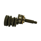 Side profile of assembled CV joint with boot fitted, showing the full splined stub shaft, threaded tip, Rzeppa joint body, and accordion rubber boot. Retaining snap ring visible at boot-to-joint interface.