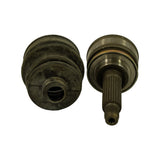 Two components displayed upright side-by-side: boot from the large/open end showing inner collar and accordion folds; CV joint body from the hub side showing complete Rzeppa ball cage assembly and full splined stub shaft with threaded end.