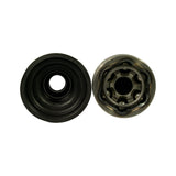 Top-down view of both boots alongside the CV joint ball housing. Left: inner (wheel-hub-side) boot showing stepped bellow profile; right: CV joint from the open end showing 6-ball Rzeppa cage, inner race with splines visible.