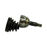 Side profile of assembled CV joint with outer boot installed showing stub shaft with male threaded end, splined mid-section, outer Rzeppa housing, and accordion boot with retaining flange. Zinc-plated snap ring visible at base of splines.