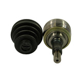End-on view of both boots: left shows inner boot open end with visible rubber bellows ribbing; right shows CV joint viewed from wheel-hub end with splined inner race and 6 ball bearings in cage clearly visible.