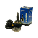 Same kit components shown with the HNT blue box standing upright behind them. Side panel of box shows 'ISO9001' certification mark and 'C.V. JOINT' text. Kit layout confirms: outer CV joint body with boot attached, second rubber boot, and hardware bag.