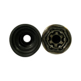Top-down view showing two round components side by side: left is the large-flange rubber CV boot (viewed from wide end, showing bore); right is the open face of the outer CV joint ball cage, revealing six steel balls in the cage and splined inner hub bore.