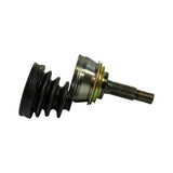 Side profile of the outer CV joint assembly with rubber bellows boot fitted and boot clamp in place. Splined stub shaft with threaded end projects upward. Flanged outer housing with heat-iridescent retaining ring visible at housing equator. Boot clamp yellow protective cap visible.