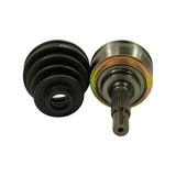 Opposite-end (inner/wheel-hub side) view: rubber boot with four corrugations shown alongside the joint body viewed from the differential/inboard side, exposing the splined inner stub shaft and retaining circlip groove at tip.