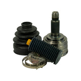 Kit contents laid out on white background: Rzeppa-style outer CV joint with splined stub shaft and threaded end, large rubber CV boot with bellows-style accordion section, second smaller plain rubber boot/dust cap, two metal clamp bands (one coiled in bag with grease packet), and a plastic end cap. No markings visible on parts from this angle.