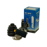 Complete CV joint kit displayed in front of its blue HNT box, showing both boots, the outer joint assembly, clamp bands and grease bag. Box face clearly shows 'HANT' (HNT) branding, 'CONSTANT VELOCITY JOINT', 'ISO9001', and 'C.V. JOINT' text. Box edges show light wear.