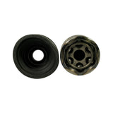 Top-down view of two components: rubber boot (left) showing inner sealing lips and centre bore; Rzeppa outer CV joint (right) showing 6-ball cage assembly, inner spline hub and steel outer race from the open/inboard face.