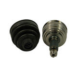 Comparison top-down view of boot (left, showing sealing inner lip and bore) and CV joint (right, showing polished stepped outer race with three machined grooves and splined inner shaft with threaded tip).