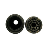 Top-down face-on view of both boots. Left: large outer boot showing multi-layered convolute profile and central open bore. Right: CV joint face-on showing 6-ball Rzeppa cage assembly with splined inner hub visible at centre.
