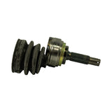 Side profile of CV joint with outer boot assembled onto shaft. 'MI-017' part number stamped on the outer race ring of the joint. Splined stub shaft with threaded end extends from housing; gold zinc-plated snap ring groove visible at joint base.