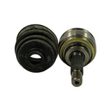 Angled view of outer boot (left) and CV joint (right) separated. Boot shows ribs and smooth inner bore. Joint shows polished outer housing, zinc-plated snap ring flange, and machined spline on inner shaft stub.