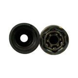 Top-down view of CV joint outer race face (6-ball Rzeppa cage and inner race visible) alongside the boot viewed from its large-diameter open end, showing the circular inner bore and ribbed bellows profile.
