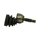 Side-angle view of fully assembled CV joint with boot fitted onto the joint body and stub shaft extending outward; machined spline count and threaded tip visible; 'HONT' or similar text faintly embossed on outer housing ring.