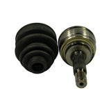 Close-up top-down view of assembled joint and boot side by side; polished outer race with machined lands and grooves clearly visible; stub shaft splines and threaded end shown in detail; boot lip and clamp groove visible.