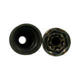 Face-on view of both components: rubber boot showing concentric bellows interior, and CV joint body showing six-ball Rzeppa cage and inner splines from the open end. Condition appears new, no visible wear or corrosion.