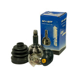 Kit components displayed in front of upright HNT blue box; box side panel shows 'HANT' branding, 'CONSTANT VELOCITY JOINT', CV Joint illustration, 'C.V. JOINT' text and 'ISO9001' certification mark
