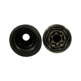Top-down view of both boots side by side: outboard accordion boot (left) showing large flanged base and central bore; CV joint ball assembly (right) showing 6-ball cage and inner splined race from the open face