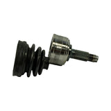 Side profile of assembled CV joint with outboard boot slid onto stub shaft; polished chrome-finish outer housing clearly visible; inner splined stub shaft with thread at end; rubber boot at lower left, date-code '1032' moulded into boot rubber