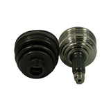Rear-quarter view of joint and outboard boot: boot base-down showing flat mounting flange and internal retaining spring; CV joint housing rear showing 'HO-016' etched/engraved text on polished chrome housing; splined stub shaft with nut thread at bottom