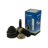 Three-quarter view of kit components alongside standing box showing spine. Box spine clearly shows 'HANT' brand logo, 'CONSTANT VELOCITY JOINT' text, 'ISO9001' certification mark, and 'C.V. JOINT' printed vertically. Part and boot visible in foreground. Yellow grease cap visible on stub shaft end.
