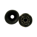 Top-down close-up of outer CV joint body showing 6-ball Rzeppa-type ball cage and inner spline bore. Rubber boot inner opening visible at left showing concentrically ribbed inner sealing surface.