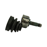 Side profile of outer CV joint with rubber outer boot collapsed back. Polished stepped steel housing flanges visible. Splined stub shaft with threaded end and central bore hole prominent. Boot moulding date stamp partially visible on boot body.
