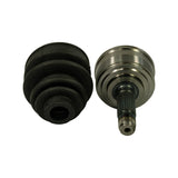 Top-down view of boot and joint separated and laid flat. Accordion rubber outer boot showing four convolutions. CV joint top face shows three stepped concentric flanges of polished steel housing and splined stub shaft with threaded tip and centre bore.