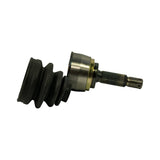 Side profile of outer CV joint with large boot pre-fitted; splined stub shaft with threaded tip and retaining hole visible at right; CV housing body in brushed steel with gold-tone circlip groove band.