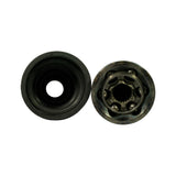 End-on view of the two main rubber components: large outer boot (left) showing inner bore and ribbed interior, and the CV joint housing (right) showing six-ball Rzeppa internals — outer race, ball cage, and inner race with splined bore clearly visible.