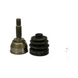 CV joint assembly and inboard boot separated; outer housing of joint shows faint stamping on the rim band — partially legible as 'HONT MI-005'; inboard boot shows mould date code '87-25' on base.