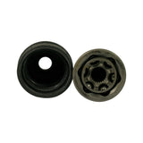 End-on view of CV joint outer housing (left) showing 6-ball Rzeppa cage, inner splined hub with approximately 23 splines; rubber inboard boot inner bore visible on right.