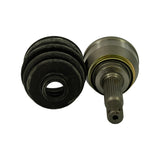 Angled view showing inboard boot flat face and outer joint housing side-by-side; shaft spline count and threaded stub clearly visible; joint housing gold-zinc retaining ring present.