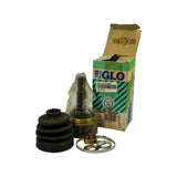 Three-quarter view of full kit beside its open GLO box. Top label sticker visible on box reading 'GLO GLO3235K' with barcode; TRN-00744 warehouse label also visible on box. Kit components — CV joint, rubber boot, nut, and clamp — displayed outside the box.